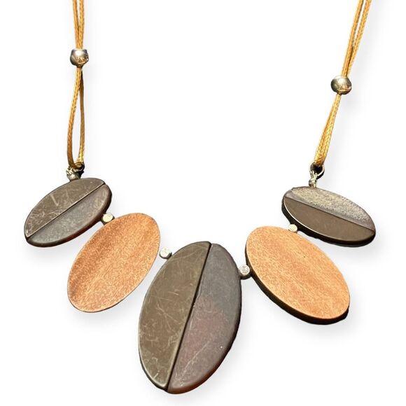 Leaf Brown Painted Black Wood Bead Festival Bohemian Surfer 20" Cord Necklace - Picture 1 of 10
